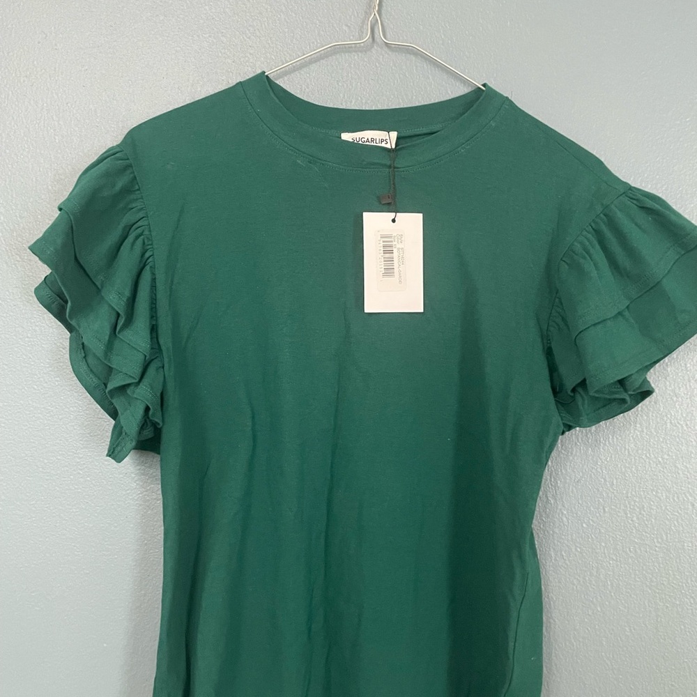 Sugarlips Green Ruffled Cap Sleeve T-Shirt
